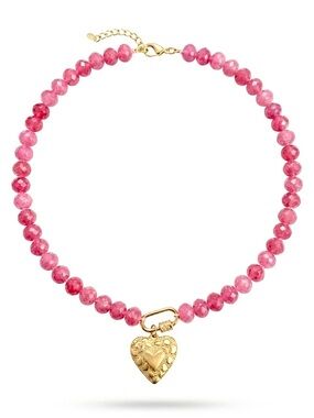 Pink Beaded Necklace with Gold Heart Pendant